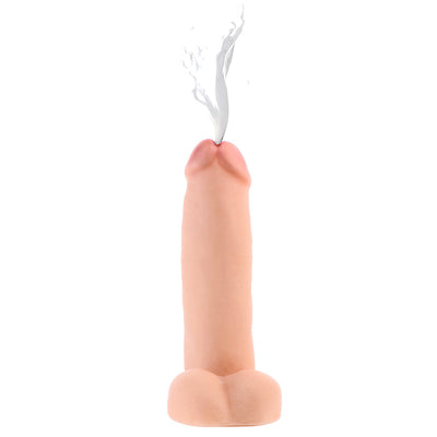 8 inch realistic dual density dildo with squirting feature and lifelike texture on white background.