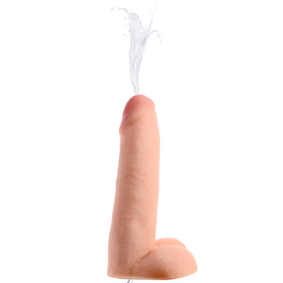 8 inch realistic dual density dildo with squirting feature and lifelike texture on white background.