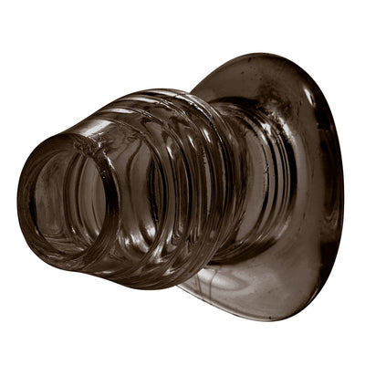Black semi-rigid hollow tunnel anal plug with ribbed texture and flared base for secure fit and comfort.