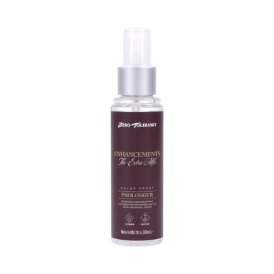 Clear 2oz spray bottle of Zero Tolerance Enhancements The Extra Mile delay spray with dark label and silver cap