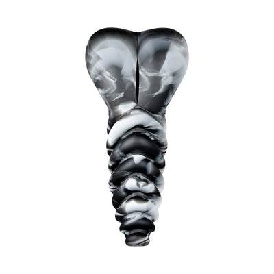 Black and white swirl silicone Luvgrind grinder toy with ribbed texture and heart-shaped top.