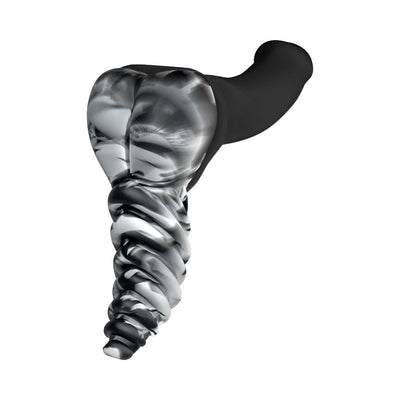 Banana Pants Luvgrind Swirl hybrid pleasure toy with black base and marbled gray ribbed shaft design.