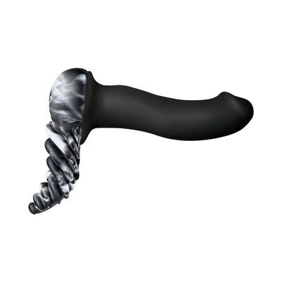 Banana Pants Luvgrind Swirl hybrid pleasure toy in black and swirl silicone with curved ribbed design.