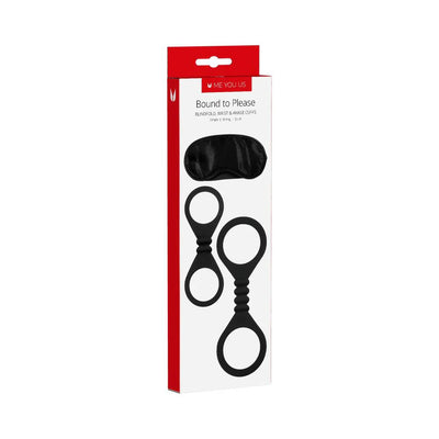 Me You Us Bound to Please set with black silicone wrist and ankle cuffs and a soft black satin blindfold in packaging.