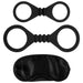 Black stretchy silicone wrist and ankle cuffs with a soft black satin blindfold for comfortable restraint.