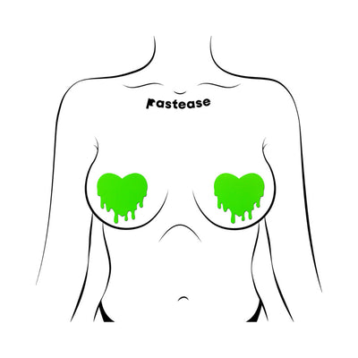 Illustration of neon green melty heart-shaped nipple pasties on a stylized female torso.