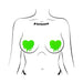 Illustration of neon green melty heart-shaped nipple pasties on a stylized female torso.