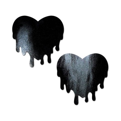 Pair of black faux latex nipple pasties shaped like melting hearts with a glossy finish.