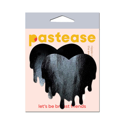 Pastease black faux latex melty heart-shaped nipple pasties on pink and gray packaging with yellow logo text.