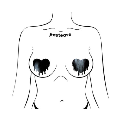 Illustration of a torso wearing black faux latex melty heart-shaped nipple pasties by Pastease.
