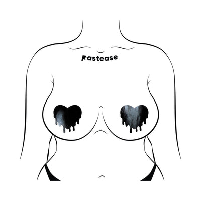 Illustration of a torso wearing black faux latex melty heart-shaped nipple pasties by Pastease.