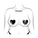 Illustration of a torso wearing black faux latex melty heart-shaped nipple pasties by Pastease.