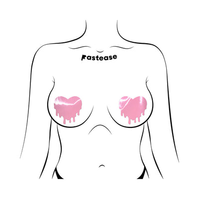 Illustration of a torso wearing baby pink faux latex nipple pasties shaped like melting hearts.