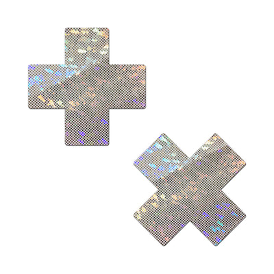 Pair of white cross-shaped nipple pasties with holographic shattered glass disco ball glitter effect on a white background.