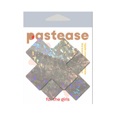 Holographic disco ball glitter white cross-shaped nipple pasties on branded Pastease packaging.