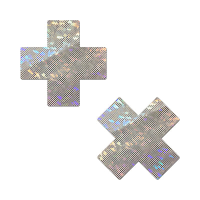 Pair of white cross-shaped nipple pasties with holographic disco ball glitter effect on a white background.
