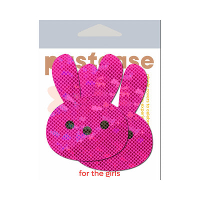Pastease glittery pink marshmallow bunny-shaped nipple pasties with black eyes on white packaging.