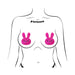 Illustration of a torso wearing bright pink glittery bunny-shaped nipple pasties by Pastease.