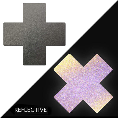 Gun metal grey cross-shaped nipple pasties shown in normal and reflective light with shimmering effect.