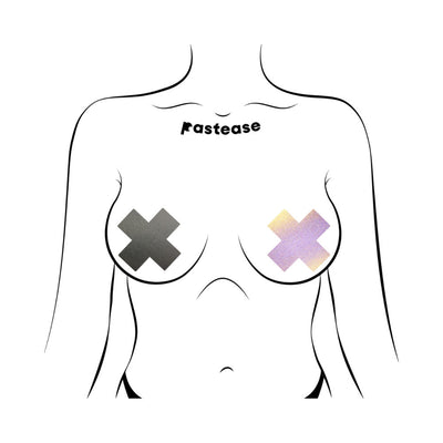 Illustration of a torso wearing reflective gun metal grey and iridescent cross-shaped nipple pasties from Pastease Plus X.