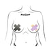 Illustration of a torso wearing reflective gun metal grey and iridescent cross-shaped nipple pasties from Pastease Plus X.