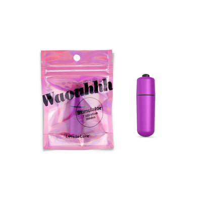 Compact purple Love To Love Waouhhh bullet vibrator next to its pink resealable packaging pouch.