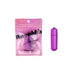 Compact purple Love To Love Waouhhh bullet vibrator next to its pink resealable packaging pouch.