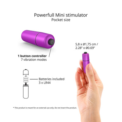 Compact purple Love To Love Waouhhh mini vibrator with one-button control and seven vibration modes shown in hand for size reference.