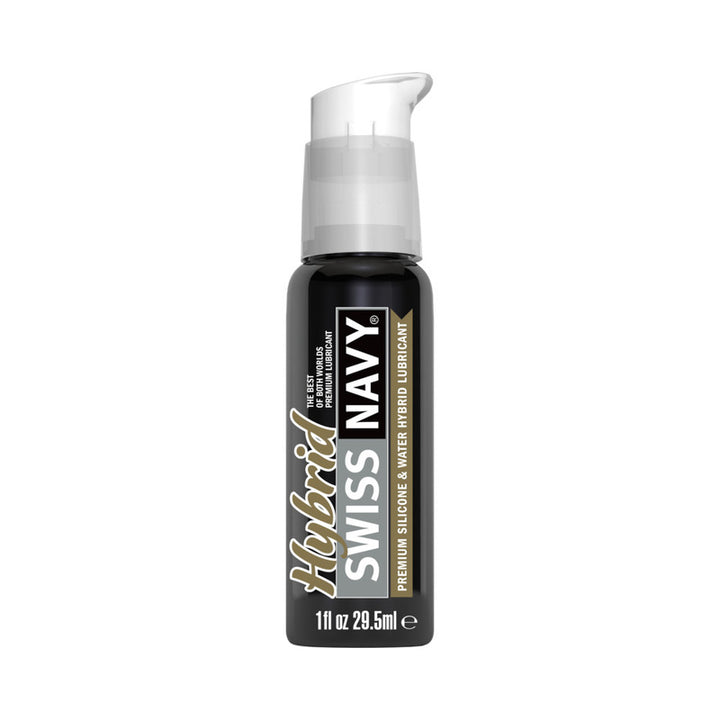 Bottle of Swiss Navy Hybrid premium silicone and water-based lubricant with pump dispenser, 1 fl oz size.