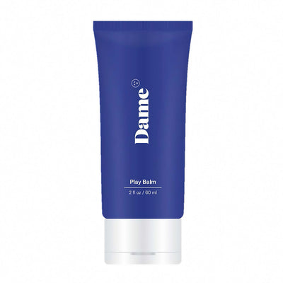 Dame Play Balm vaginal moisturizer in a 2 oz. blue tube with white cap and white text on front