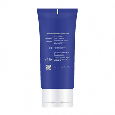 Back view of Dame Play Balm Vaginal Moisturizer tube showing product details and usage instructions on blue packaging.