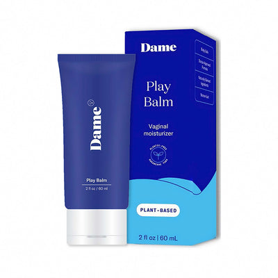 Dame Play Balm vaginal moisturizer tube and box in blue packaging, plant-based formula, 2 oz size.