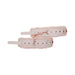 Light peach faux fur handcuffs with adjustable white straps and rose gold chain and hardware detail.