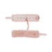 Light peach faux fur handcuffs with rose gold chain and adjustable buckle straps on white background.