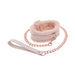 Peach-colored faux fur collar with matching rose gold chain leash and soft faux leather handle.