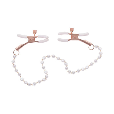 Rose gold adjustable nipple clamps with white rubber tips connected by a faux pearl chain for enhanced sensitivity.