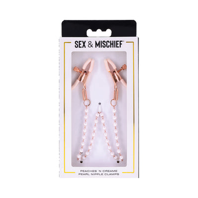 Rose gold adjustable nipple clamps with white rubber tips and faux pearl chain in Sex & Mischief branded packaging.