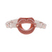 Peach pearlescent silicone lip-shaped gag with adjustable light faux leather strap and rose gold hardware.