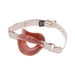 Peach pearlescent silicone lip-shaped gag with adjustable beige faux leather strap and rose gold hardware.