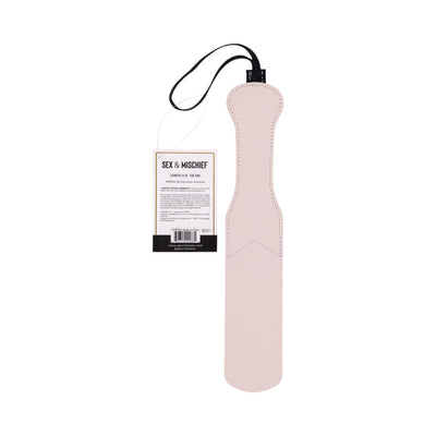 Light pink faux leather paddle with wrist strap and attached product tag, designed for playful impact play.