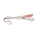 Light pink faux leather paddle with peach-shaped cutouts and a black wrist strap, split tip design.