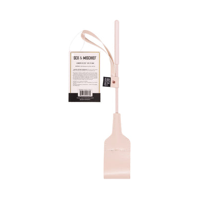 Light peach faux leather riding crop with looped tip and wrist strap, 12 inches long with attached product tag.