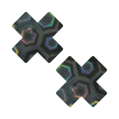 Pair of black X-shaped nipple pasties with holographic 3D trippy hexagon patterns and a subtle dotted texture.