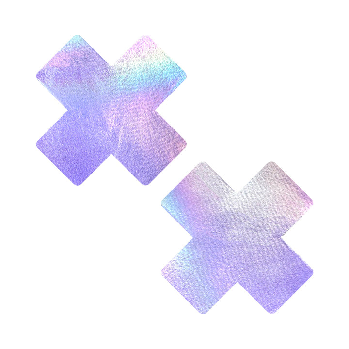 Pair of lavender pearl shimmer X-shaped nipple pasties with a soft iridescent finish on a white background.