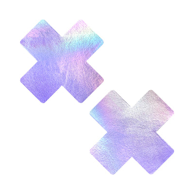 Pair of lavender pearl shimmer X-shaped nipple pasties with a soft iridescent finish on a white background.