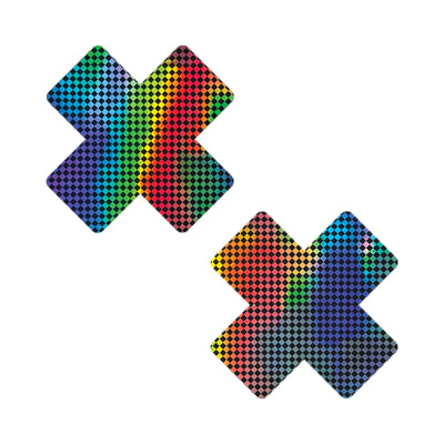 Pair of holographic checkered X-shaped nipple pasties with a vibrant rainbow gradient design on a white background.