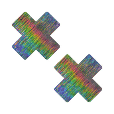 Pair of holographic X-shaped nipple pasties with a vibrant rainbow nebula pattern on a white background.