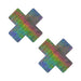 Pair of holographic X-shaped nipple pasties with a colorful, shimmering nebula pattern on a white background.