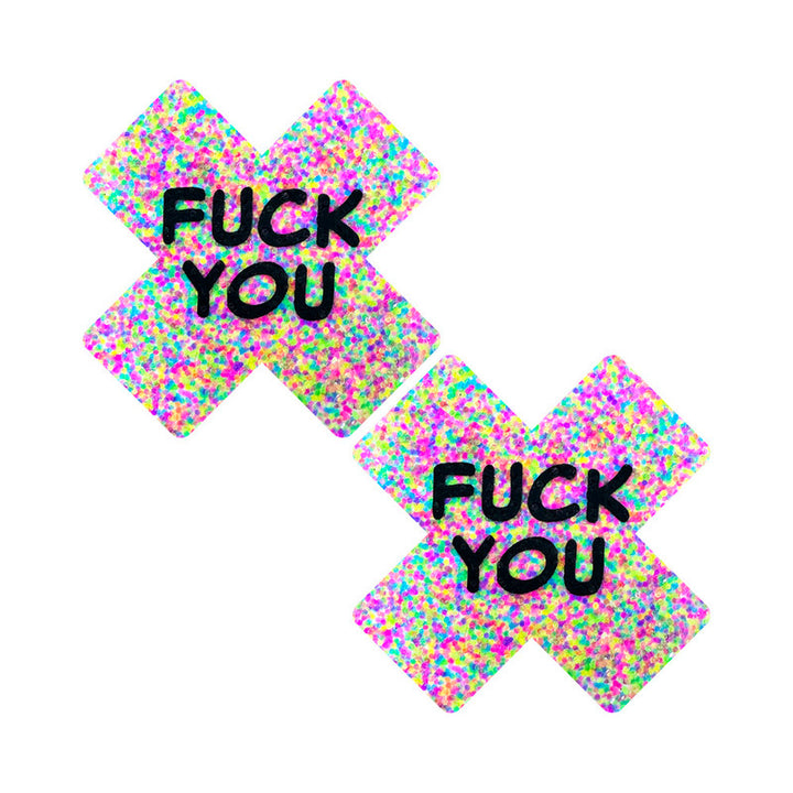 Pair of colorful neon cross-shaped nipple pasties with bold black text on each reading "FUCK YOU"