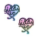 Pair of heart-shaped pastel glitter nipple pasties with black rope-style "giddy up" text design